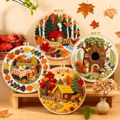 [Printed Embroidery Craft Kit] Beginner DIY Handmade Set Includes Needles, Threads, Multiple Forest Theme Patterns To Choose From (Autumn Forest Cabin/Tree House Friends/Autumn Picnic), Home Decor Creative Handcraft, Embroidery Starter Kit