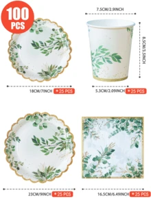 100/25/10pcs Gold Rim Green Leaf Petal Shaped Disposable Plates Napkins Cups, Plant Theme Plates Napkins And Cups Party Supplies, Suitable For 25 Guests, Disposable Paper Plates Party Tableware Suitable For Birthday Wedding Party Family Picnic - Multicolor - View 2
