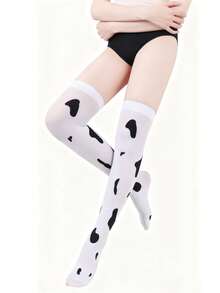 1 Pair - Women's Thigh High Socks, Cow & Sheep Print, Cosplay Stockings, Cute Cow Spot Print Pantyhose, Sexy Cow Spotted Over-The-Knee Socks, Animal Series Thigh High Socks - White - View 6