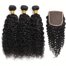 BINF Curly Human Hair Bundles With A Frontal Root, Wet And Wavy, With A Closure. Natural, Untreated Human Hair Extensions For Girls, Perfect For DIY Hairstyles, Suitable For All Ethnicities, An Ideal Gift For Christmas, New Year's Eve, Halloween And Other - Natural Black - View 4