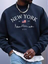Sudadera de cuello redondo casual y versátil con estampado de elementos de Nueva York e Inglaterra para hombres