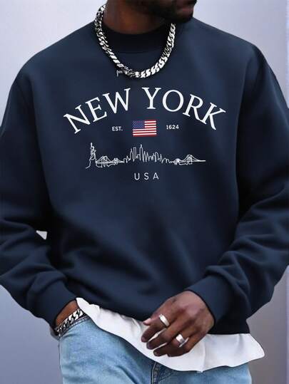 Herrtröja med rund hals och New York-motiv, casual street-modell, mångsidig