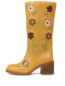 Western Boots For Women Flower Embroidery Mid Calf Boots Square Toe Chunky Block Heel Knee High Boots Low Heel Long Boots For Women Comfortable Casual Cowgirl Western Boots For Women Comfort Country Walking Shoes - 黃色 - 查看 8