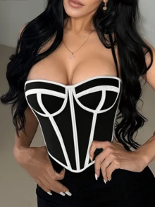 Apperloth A Top corto de mujer con cordones y calado al estilo Y2K. Top corset con calado de malla, apropiado para fiestas de verano y festivales - Blanco y Negro - Ver 3