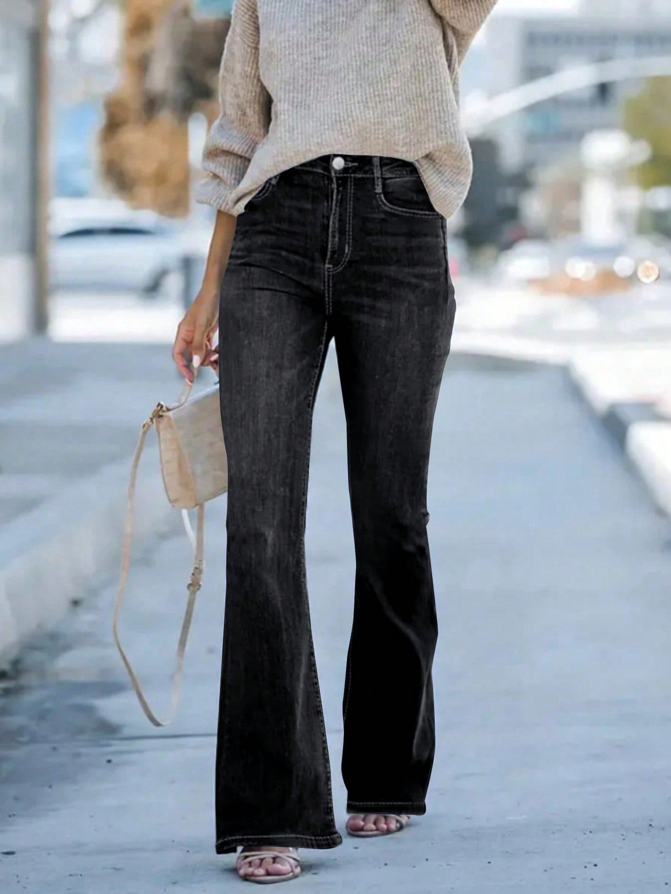 Women's Casual Flared Pocket Denim Long Pants, Versatile Black Spring - Black - View 1