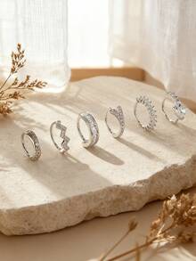 6pcs Women's Fashionable Single Row Wavy Artificial Zirconia Heart Shaped Nose Ring, Suitable For Beach, Party, Holiday Themed Outfits And Personal Style Occasions