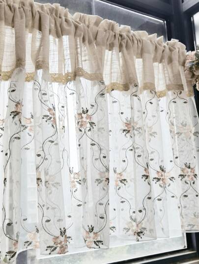 1件粉色花卉刺绣半透明亚麻咖啡帘，复古农舍风格短窗帘，适用于厨房、餐厅、客厅窗户，杆袋式顶部