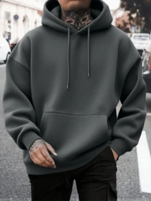 Men's Casual Versatile Rose Print Kangaroo Pocket Drawstring Hoodie, Autumn/Winter - Dark Grey - View 2