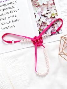 Quần lót nữ gợi cảm đính hạt ngọc trai giả, vòng trong suốt, họa tiết hoa, trang trí hoa, vật dụng thiết yếu cho bữa tiệc riêng tư, Giáng sinh, Năm mới 2026 - Màu Hồng Tươi - Xem 2