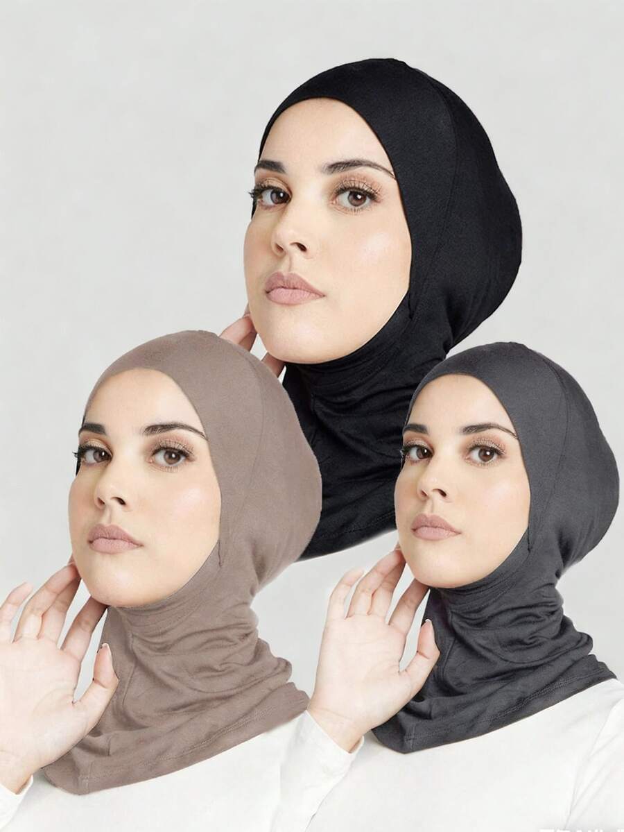 3pcs Women Fashion Solid Color Beanie Hat Set, Elastic Skull Cap Can Be Worn As Scarf, Suitable For Daily Wear - Multicolor - View 1