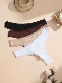4条装彩色浪漫蕾丝拼接罗纹女士丁字裤，带可爱蝴蝶结，舒适棉质弹力女士内裤 - 彩色 - 查看 8