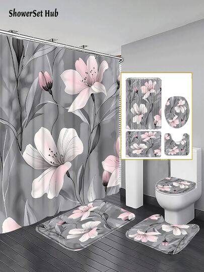 1/3/4pcs Pink Gray Floral Shower Curtain Bathroom Set, Botanical Flower Waterproof And Wear-Resistant Bathroom Decor And Accessories,With 12 Hooks - Includes Toilet Seat Cover, Bath Mats, And Rugs Polyester Fabric - Washable - Perfect For Holiday Decor,Home/Bedroom/House/Western/Spring Decor