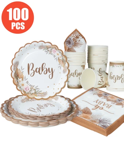 25pcs Brown Floral Baby Disposable Plates, Napkins, Cups - Floral Theme Party Supplies, Suitable For 25 Guests, Disposable Paper Plates Party Tableware For Birthday, Wedding, Party, Family Picnic