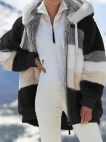 Women's Color Block Hooded Zip Up Jacket, Oversized Warm Casual Coat, Soft Cozy Fall Winter Outerwear, Sports Jacket, Fitted Jacket, Holiday Gift, Valentine Outfits For Women, Christmas Outfit Women, New Years Outfit Women, Western Outfits For Women, Women's Spring Fashion, Women Curve, Office & Casual Attire - 黑色 - 查看 2