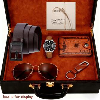 男士节日主题礼品套装：复古棕色皮表+美元钞票钱包+金色镜框飞行员太阳镜+皮带+皮质钥匙扣+贺卡，展现复古时尚风格，是圣诞节/新年礼物的理想之选。