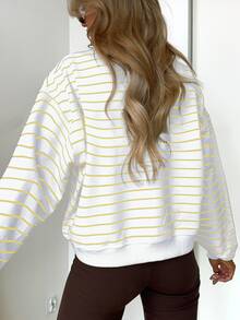 女士休闲黑白条纹长袖卫衣，舒适简约风格，秋季款 - 黃色 - 查看 2