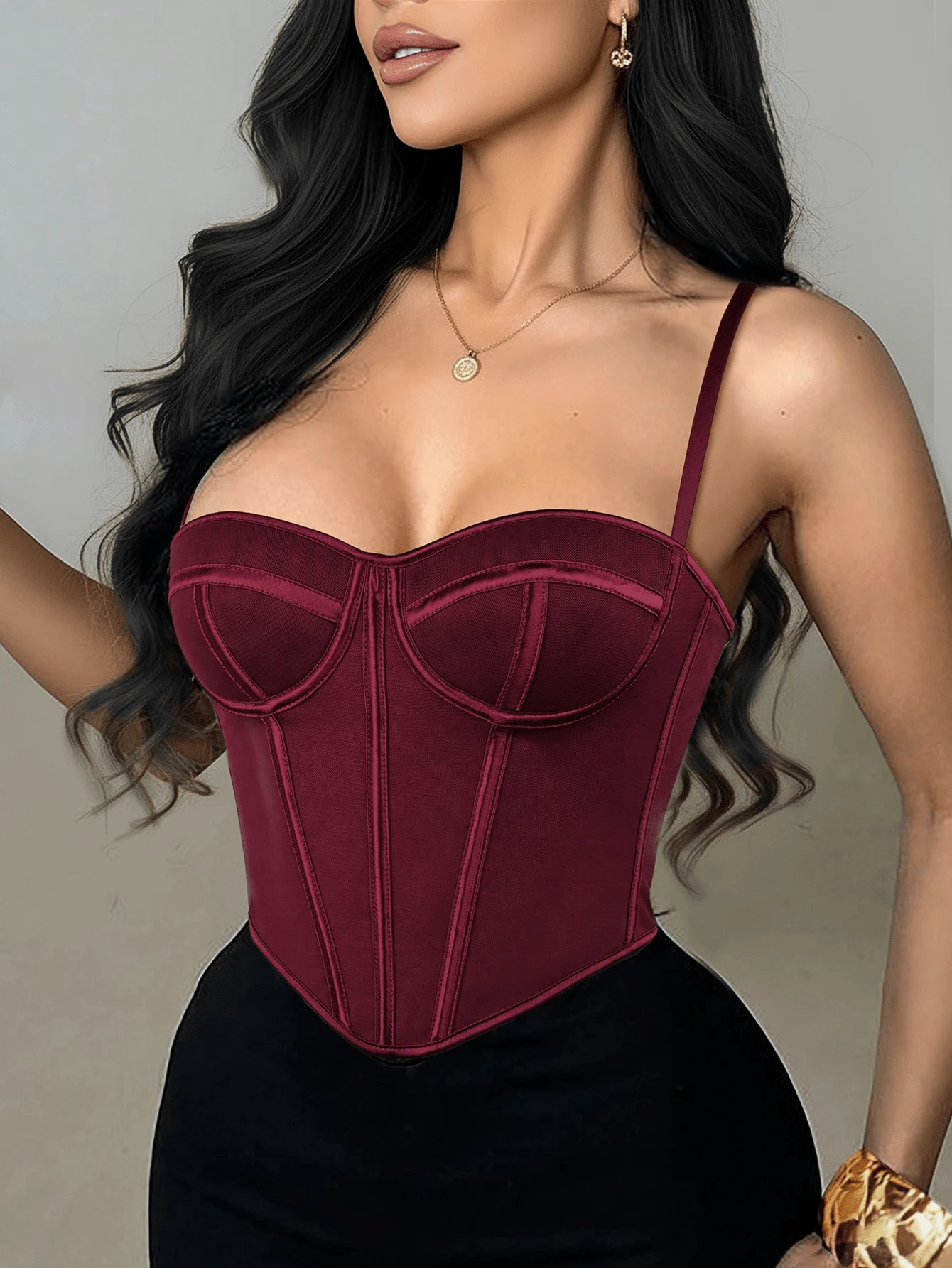 Apperloth A Y2K性感束胸露脐上衣，内置钢骨，适合户外穿着，网纱镂空系带露背设计，可调节肩带，塑形文胸，短款吊带背心，可爱上衣，适合锐舞派对、节日、情人节、音乐节、婚礼季等夏季场合。 - 酒紅色 - 查看 1
