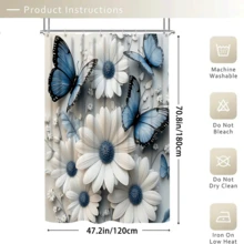 1/3/4件套蓝色蝴蝶和白色雏菊浴帘浴室套装，优雅花卉图案，防水耐磨，浴室装饰及配件，含12个挂钩 - 包括马桶盖套、浴垫和地毯，涤纶面料 - 可水洗 - 非常适合节日装饰、家居/卧室/住宅/西式/冬季装饰 - 彩色 - 查看 19