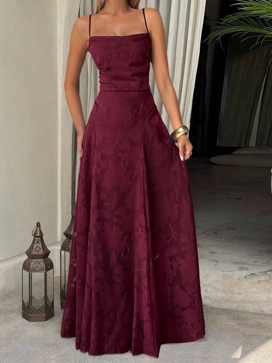 Women's Autumn Spaghetti Strap Backless Lace Dress, Sexy And Elegant, Suitable For Vacation, Outing, Date, Back To School, Christmas And Other Occasions - Burgundy - View 1