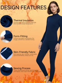 1 Set Women Navy Blue Turtleneck Thermal Underwear Set, Fashionable Design, Slim Fit, Warm & Comfortable, Elastic, Autumn/Winter Gift - Navy Blue - View 4