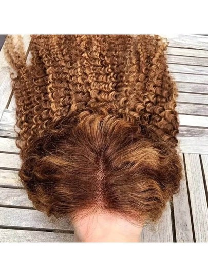 [Peluca con efecto ombre] Peluca frontal de encaje sin pegamento con cabello humano brasileño ondulado y rizado de color 4/27, efecto ombre y destellos, para mujeres