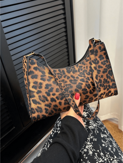 [Animal Print] Bolso de hombro con estampado de leopardo, material de PU, cierre con cremallera, accesorio de moda, adecuado para diversas ocasiones