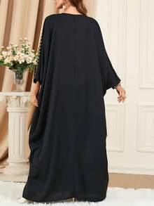 Turkish Long Gown Dress, Elegant Crew Collar Batwing Sleeve Dress, Women's Wear - Black - View 6