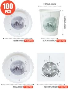 100/25/10pcs Silver Disco Ball Petal Shaped Disposable Plates Napkins Cups, Disco Ball Theme Plates Napkins And Cups Party Supplies, Suitable For 25 Guests, Disposable Paper Plates Party Tableware Suitable For Birthday Wedding Party Family Picnic - Multicolor - View 2