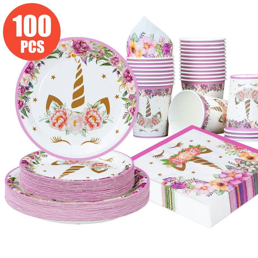 Đĩa, khăn ăn, cốc dùng một lần họa tiết hoa hồng và kỳ lân vàng - Đồ dùng tiệc theo chủ đề kỳ lân cho 25 khách, đĩa giấy dùng một lần cho sinh nhật, đám cưới, tiệc tùng, dã ngoại gia đình - Nhiều màu - Xem 1
