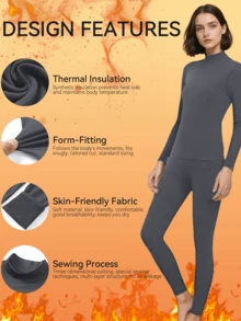 1 Set Women Grey Turtleneck Thermal Underwear Set, Fashionable Design, Slim Fit, Warm & Comfortable, Elastic, Autumn/Winter Gift