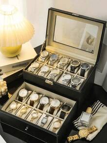 1pc Luxury Large Capacity Watch Storage Box, Watch & Bracelet Display Stand, Watch Case, Unisex, For Mechanical & Electronic Watches. Elegant Black PU Leather Watch Box With Dividers - Holds Watches, Perfect Gift Display Box. PU Leather Watch Box, Watch Storage Case, Watch Display Box, Home Organization, PU Leather 12 Grids Watch Box, Jewelry Display Box, Unisex Watch Storage Box, Travel Storage Box. With Safety Dividers, Perfect Gift Display Box, Desktop Organizer - Multicolor - View 8