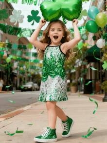 4-7 Years Old Girls' Summer Sleeveless Sequin Print Bodycon Dress, Soft Fabric, Party Style, Casual Everyday Wear, St. Patrick's Green - Green - View 4