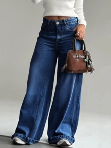 女士休闲水洗喇叭牛仔裤，纽扣细节，长款弹力面料，优雅休闲百搭派对风格，春季 - 深色水洗藍 - 查看 2