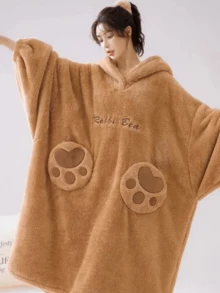 女士棕熊毛绒睡袍，舒适冬季连帽睡衣，熊脸图案，可爱卡通浴袍，柔软毛绒材质，长袖带口袋，休闲家居服，室内装饰，熊图案服装，可作毯子使用，舒适家居服，趣味设计，毛绒材质，成人款睡袍，家居服套装，适合新年，冬季礼物 - 彩色 - 查看 4