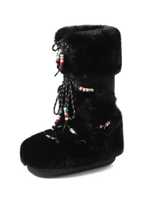 Women's Faux Fur Boots  Fuzzy Fluffy Furry Snow Boots Round Toe With Lace-Up Design Cute Warm Suitable For Christmas Halloween And Winter - 黑a - 查看 7