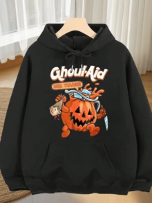 2025 Sudadera con Capucha de Halloween para Hombre - Diseño de Personaje de Calabaza, Cabello Naranja y Estampado de Linterna de Calabaza, Sudadera Cómoda con Bolsillos, Estilo Deportivo Casual de Manga Larga Cálida, Adecuada para Otoño e Invierno, Talla Ajuste Regular - Negro - Ver 1