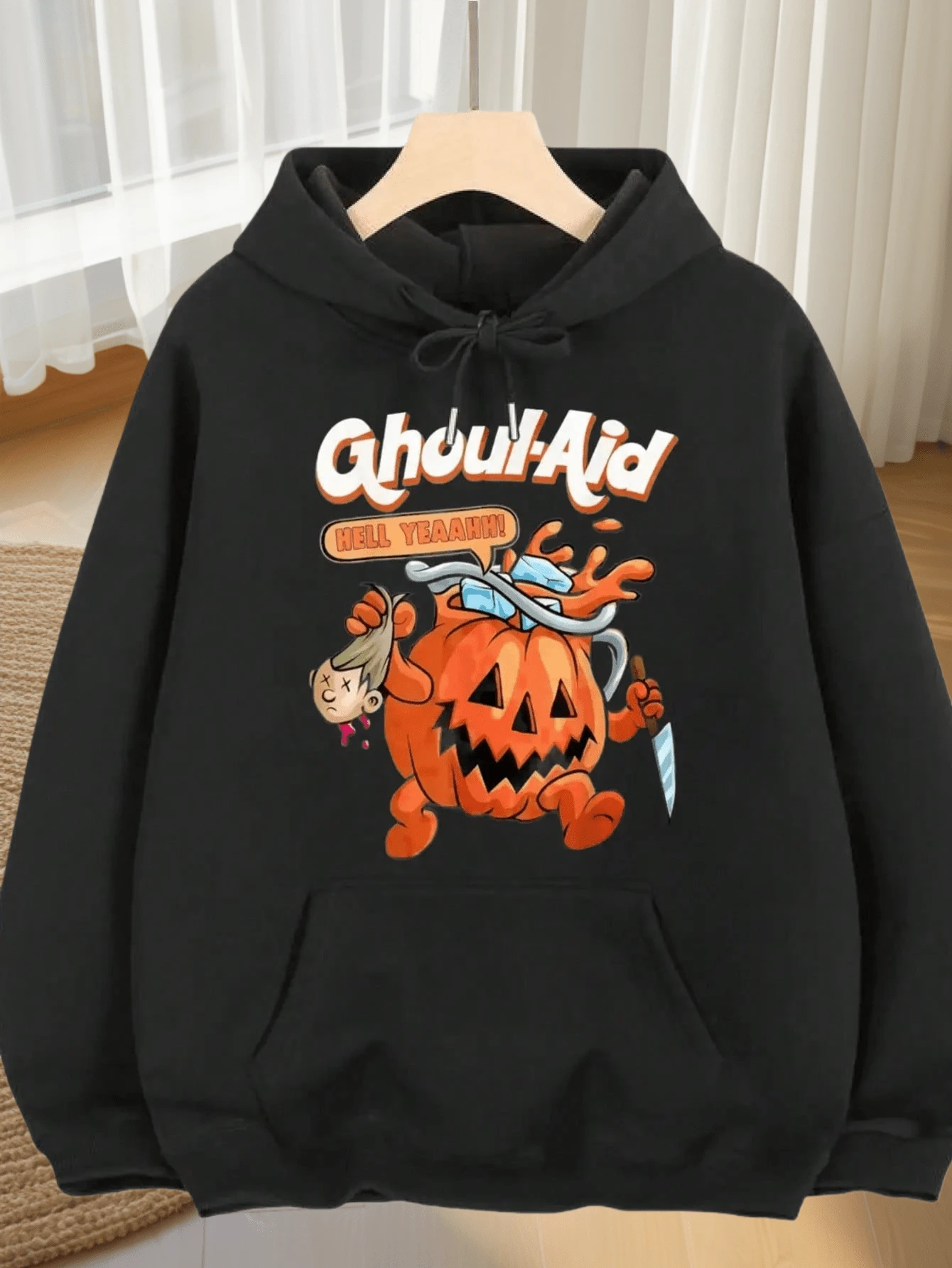 2025 Sudadera con Capucha de Halloween para Hombre - Diseño de Personaje de Calabaza, Cabello Naranja y Estampado de Linterna de Calabaza, Sudadera Cómoda con Bolsillos, Estilo Deportivo Casual de Manga Larga Cálida, Adecuada para Otoño e Invierno, Talla Ajuste Regular - Negro - Ver 1