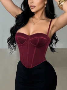 Apperloth A Y2K性感束胸露脐上衣，内置钢骨，适合户外穿着，网纱镂空系带露背设计，可调节肩带，塑形文胸，短款吊带背心，可爱上衣，适合锐舞派对、节日、情人节、音乐节、婚礼季等夏季场合。 - 酒紅色 - 查看 4