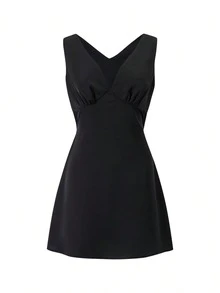 Elegant Solid Color Casual Chiffon Zip Ruffle Chest Pleated Dress, Beach Wear Spring/Summer - Black - View 2