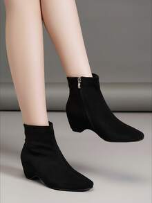 Round Toe High Heel Side Zipper Short Boots, Women Fashion Ankle Boots - Black - View 3