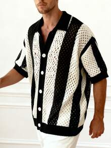 Áo khoác cardigan nam tay ngắn cổ polo cài nút, phối màu tương phản, khoét rỗng. - Đen và trắng - Xem 5