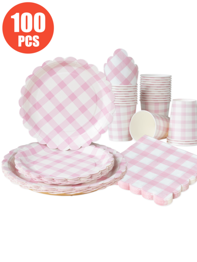 25 piezas Platos, servilletas y vasos desechables con forma de pétalo a cuadros rosa y blanco, suministros para fiestas adecuados para 25 invitados, platos de papel desechables y vajilla para fiestas, cumpleaños, bodas, picnics familiares