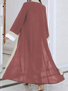 节日开襟长袖连衣裙，优雅撞色修身超长连衣裙，女装春季款 - 珊瑚粉 - 查看 4