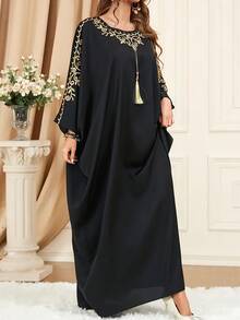 Turkish Long Gown Dress, Elegant Crew Collar Batwing Sleeve Dress, Women's Wear - Black - View 5