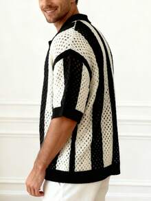 Áo khoác cardigan nam tay ngắn cổ polo cài nút, phối màu tương phản, khoét rỗng. - Đen và trắng - Xem 4