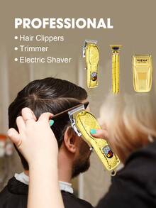 HIENA 4-In-1 Professional Hair Clippers & Beard Grooming Kit, Cordless Electric Hair Trimmer For Men, USB Charging & Digital Display, Hair Tools For Men, Portable Electric Shavers, Household Barber Supplies, Christmas Dad Gifts, Men's Gifts - 金色 - 查看 4