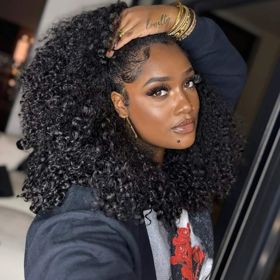 Jerry Curly Half Wig Human Hair 250 Density 3 In 1 Drawstring Seamless Flip Half Wigs Wear Go Glueless Wigs Human Hair Kinky Curly Half Wig For Women Drawstring Headband Wig Beginner Friendly - SNatural - 查看 1