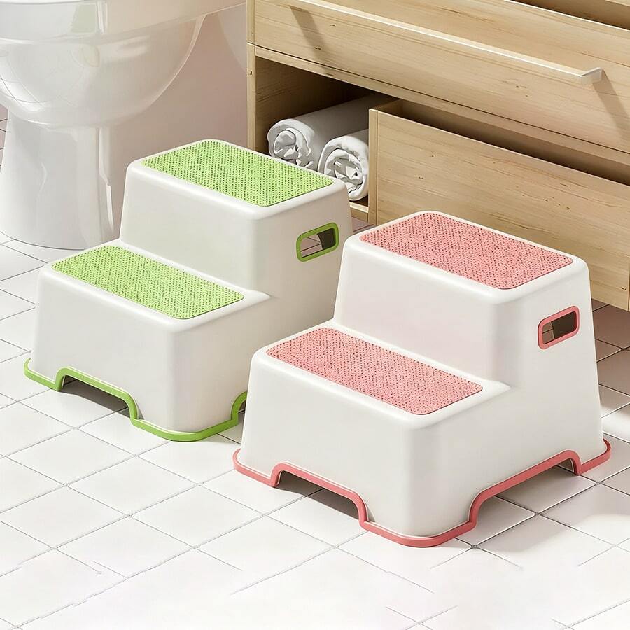 两级台阶凳，塑料防滑表面踏凳，便携式浴室梯，耐用多功能脚凳，儿童脚凳，婴儿马桶凳，洗手池踏凳，儿童脚踏，小凳子，站立凳，增高凳，可站立或坐下，防滑设计，带防滑垫，牢牢抓住地面不会滑动 - 彩色 - 查看 1