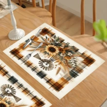 1 pieza/4 piezas/6 piezas Manteles individuales de lino con estampado de girasol, adecuados para mesa de comedor, decoración para todas las estaciones, manteles de mesa lavables modernos, decoración de habitación, posavasos, manteles de cocina y comedor, decoración de fiesta interior y exterior, decoración del hogar, regalo ideal