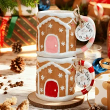 LECHENG HOUSEHOLD 1 Cup 1 Spoon, Gift Box, 400ml Christmas Ceramic Cookie House Mug, Red And Pink, Handmade Hand-Painted Mug, Coffee Cup, Water Cup, Decorative Cup, Hot Chocolate, Winter Cup, Thanksgiving, Christmas Gift, Christmas Eve Gift, Microwave/Dishwasher - Multicolor - View 1